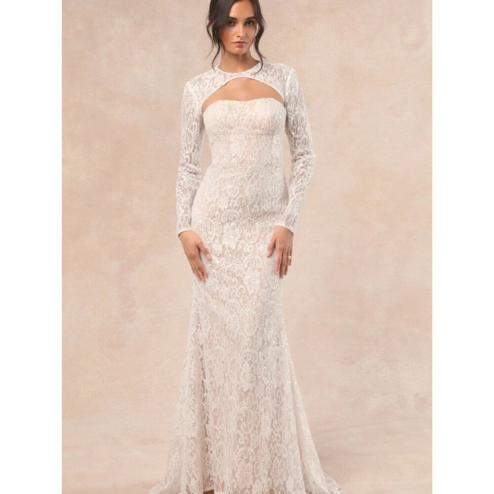 Lulus Neska White and Beige Lace Maxi Dress and Shrug Set Size Medium
